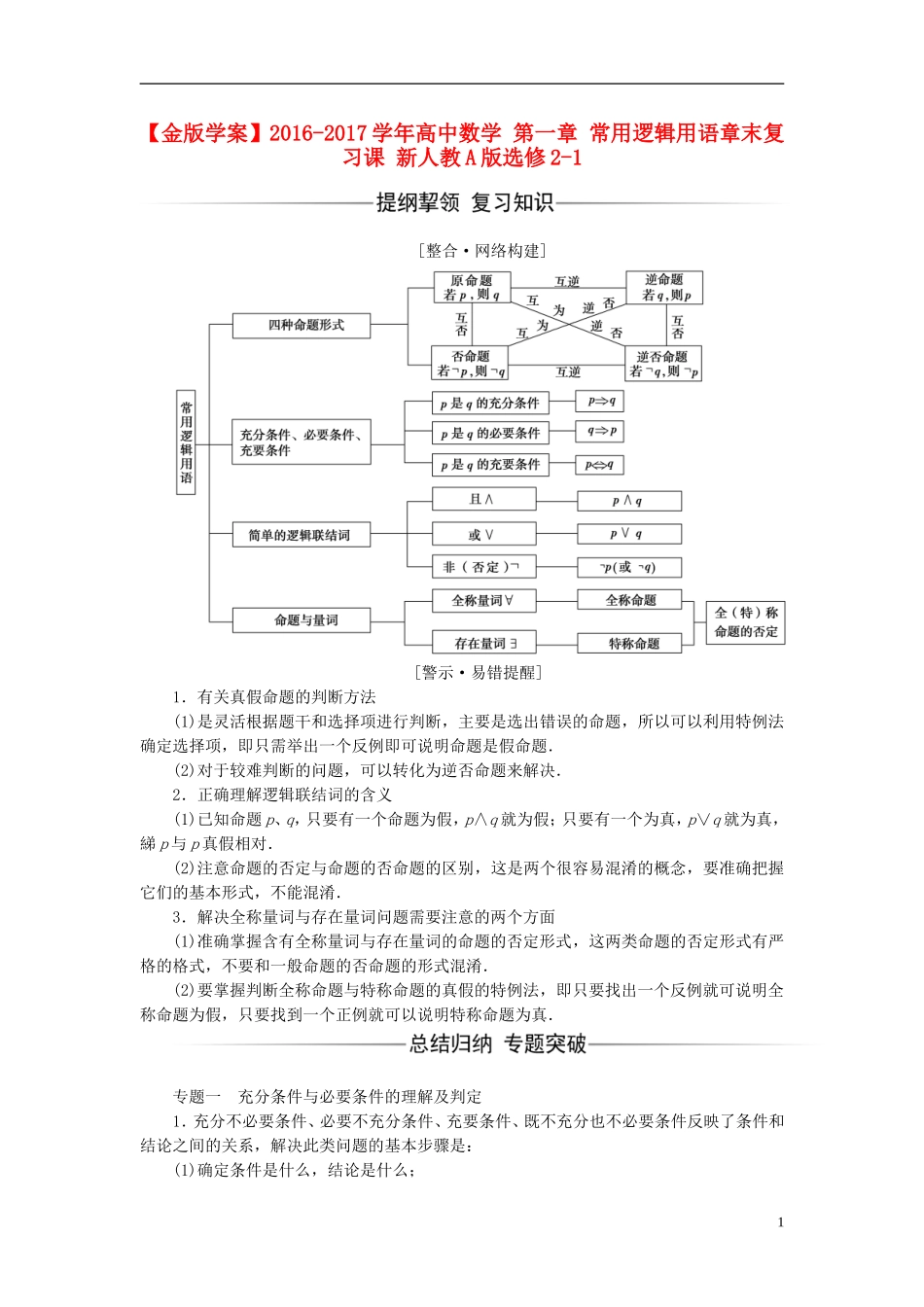 高中数学 第一章 常用逻辑用语章末复习课 新人教A版选修2-1-新人教A版高二选修2-1数学试题_第1页