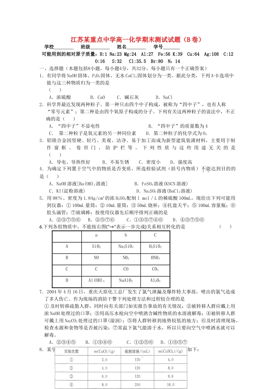 江苏某重点中学高一化学期末测试试题（B卷）苏教版【会员独享】_第1页