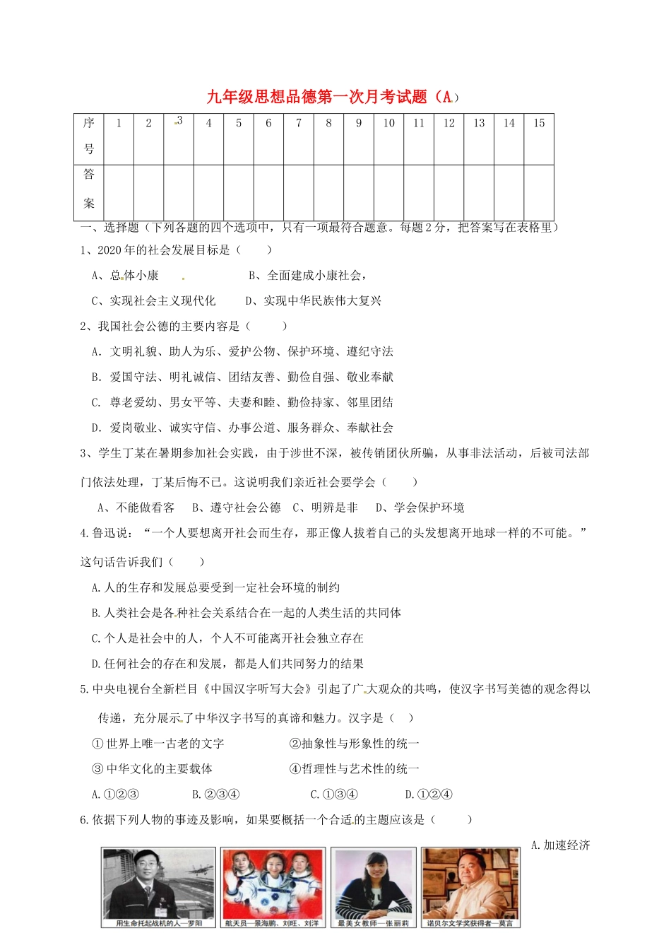 九年级政治上学期第一次月考试卷(A卷，无答案) 苏人版试卷_第1页