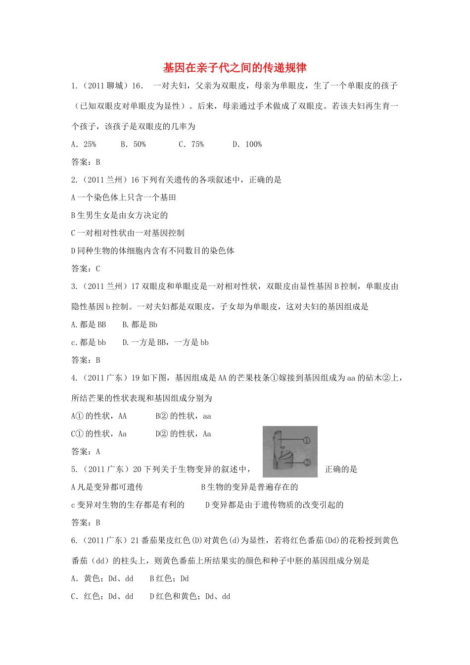 九年级下册 基因在亲子代之间的传递规律试卷_第1页