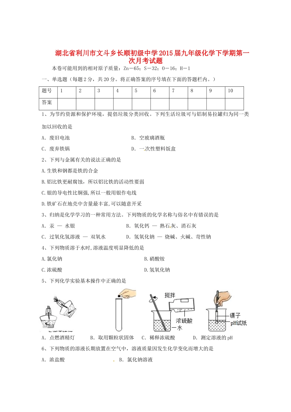 九年级化学下学期第一次月考试卷试卷_第1页