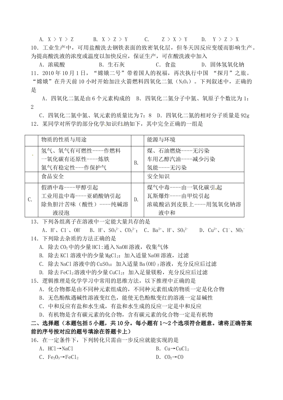 九年级化学适应性考试试卷 人教新课标版试卷_第2页