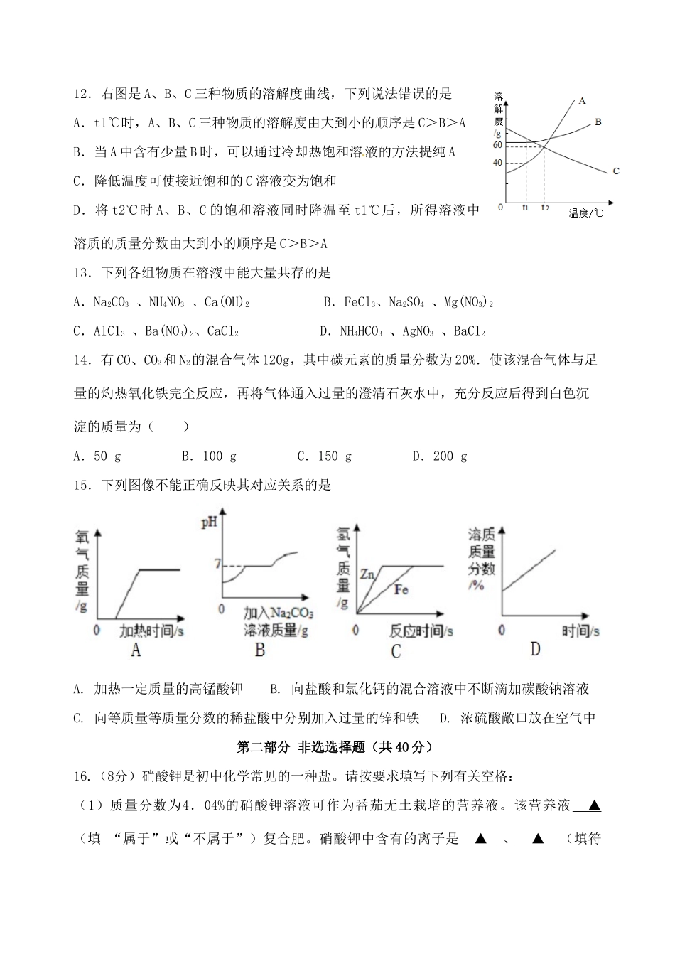 九年级化学下学期第一次月度检测试卷_第3页