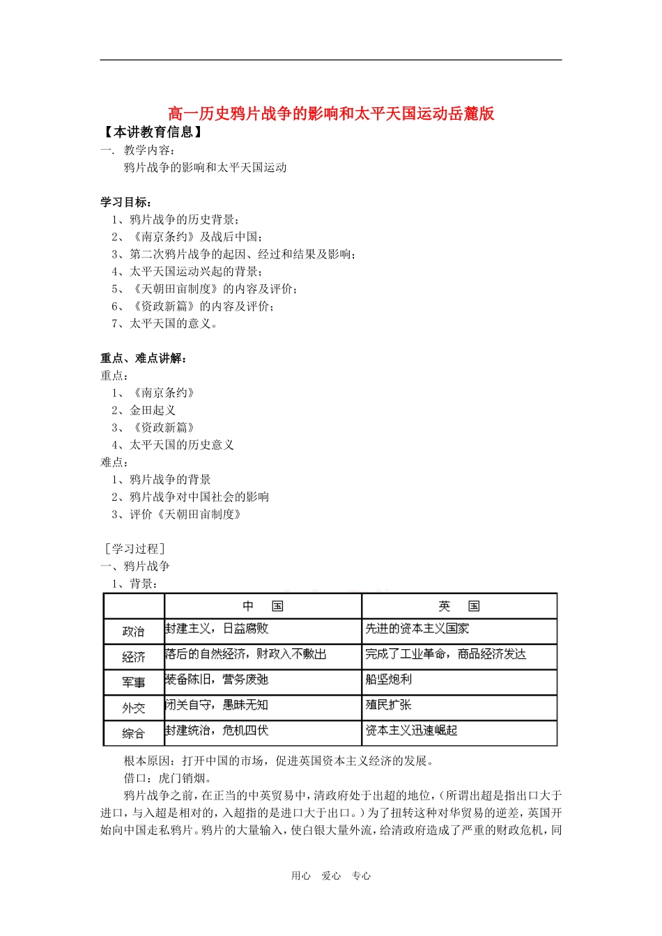 高一历史鸦片战争的影响和太平天国运动岳麓版知识精讲_第1页