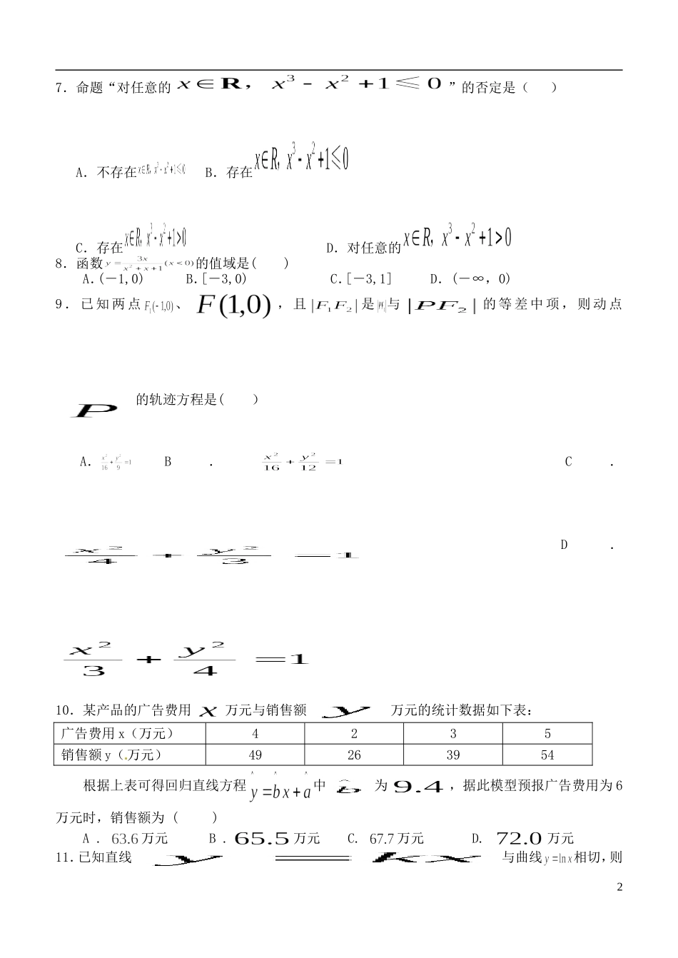 甘肃省民乐一中高二数学第一学期期中试题 文（特部）-人教版高二全册数学试题_第2页