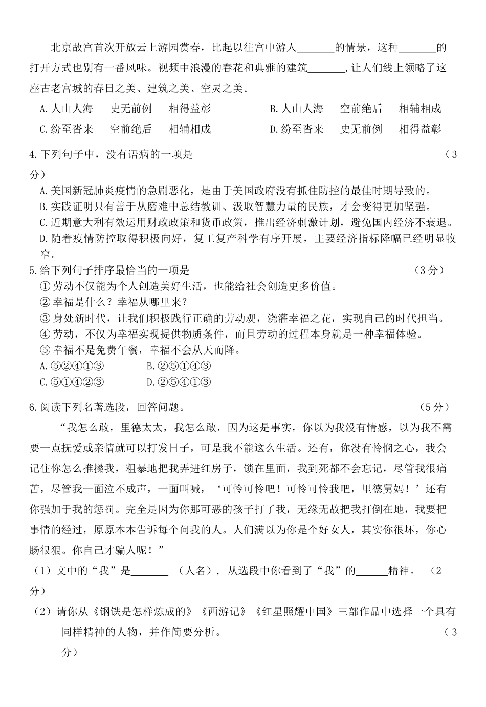 初中语文毕业班学业水平适应性测试试卷(无答案) 试题_第2页