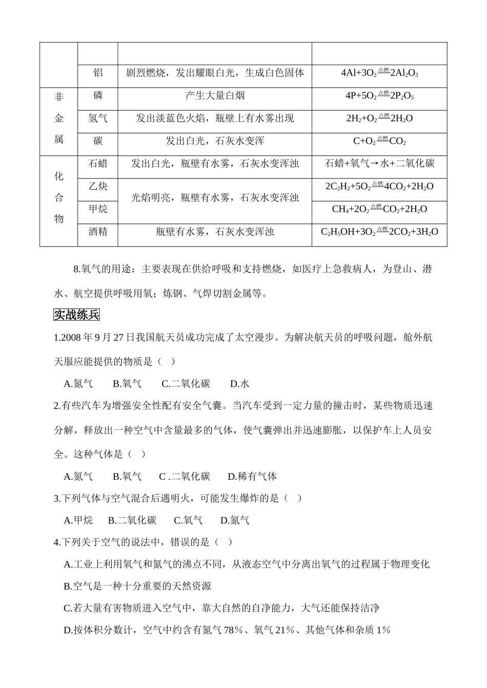 九年级化学 空气 氧气复习 鲁教版试卷_第2页