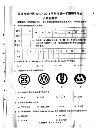 天津市武清区、宝坻区、蓟州区等五区八年级数学上学期期末考试试卷(pdf) 天津市武清区、宝坻区、蓟州区等五区八年级数学上学期期末考试试卷(pdf)新人教版 天津市武清区、宝坻区、蓟州区等五区八年级数学上学期期末考试试卷(pdf)新人教版
