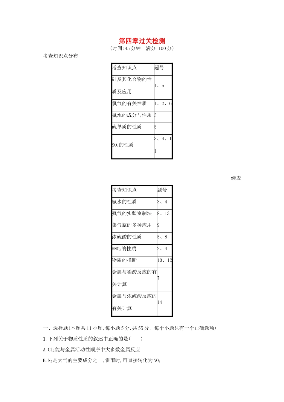高中化学 第四章 非金属及其化合物过关检测 新人教版必修1-新人教版高一必修1化学试题_第1页
