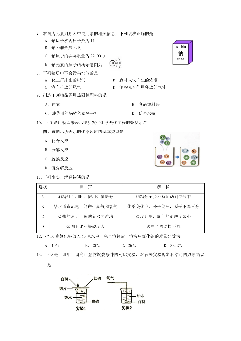九年级化学第一次学情分析样卷试卷_第2页