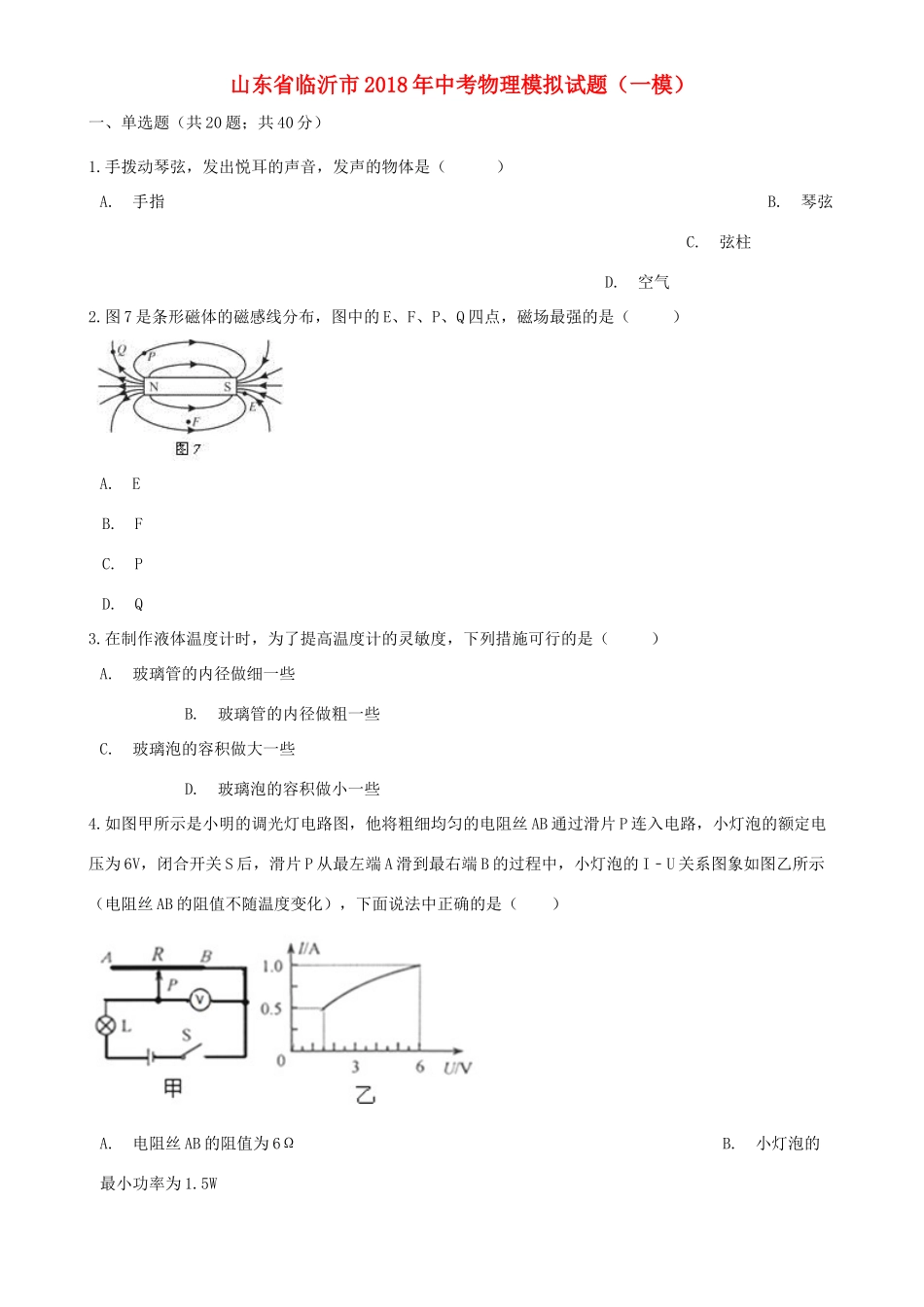 中考物理模拟试卷(一模)试卷_第1页