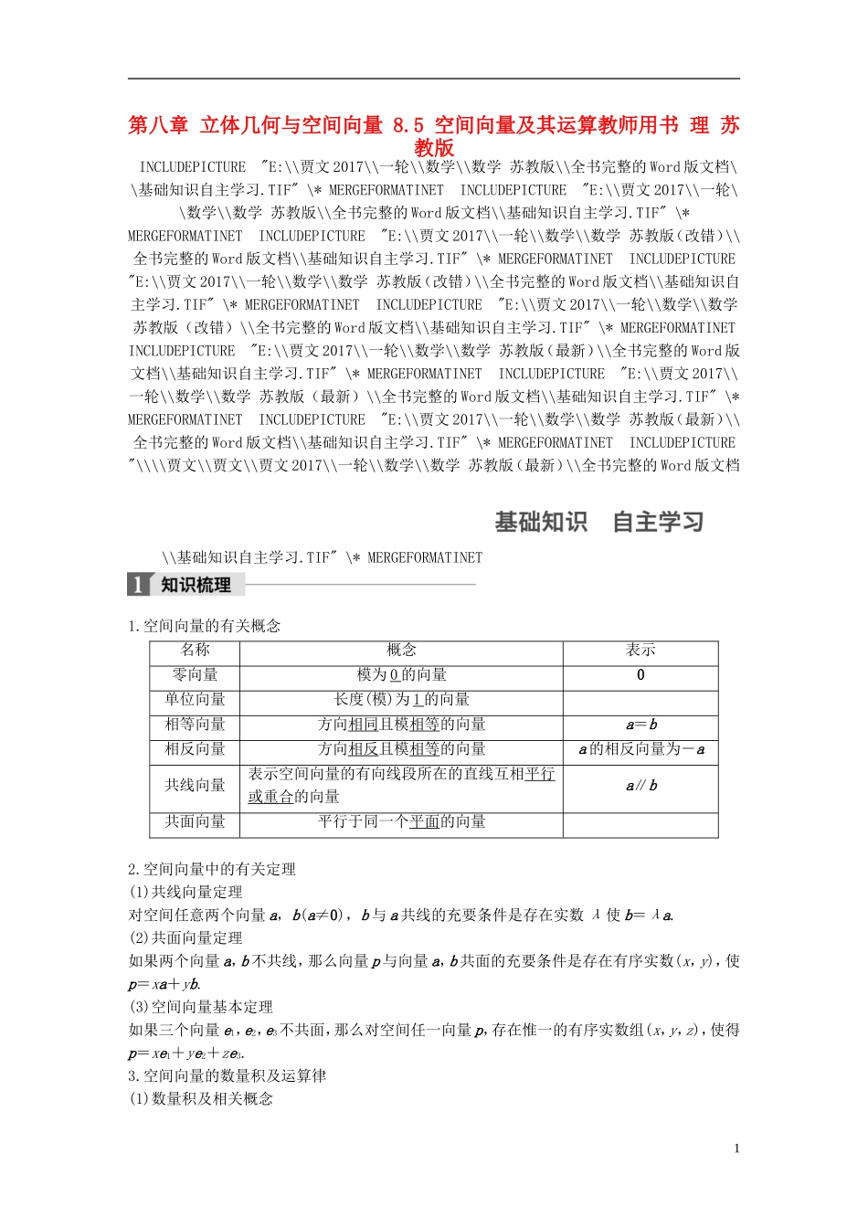 （江苏专用）高考数学大一轮复习 第八章 立体几何与空间向量 8.5 空间向量及其运算教师用书 理 苏教版-苏教版高三全册数学试题_第1页