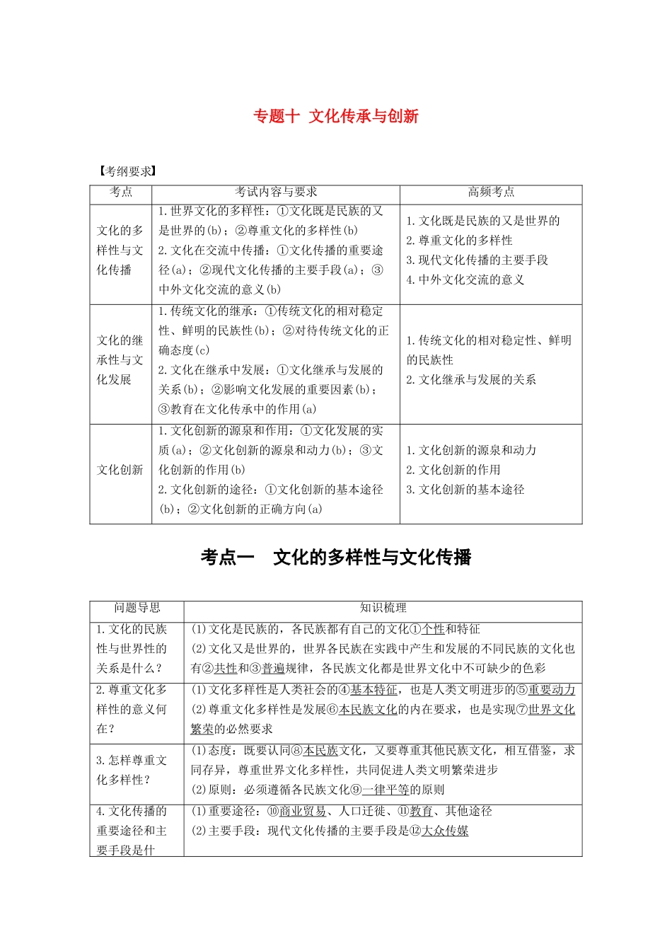 （浙江专用）高考政治二轮复习 专题十 文化传承与创新 考点一 文化的多样性与文化传播试题-人教版高三全册政治试题_第1页