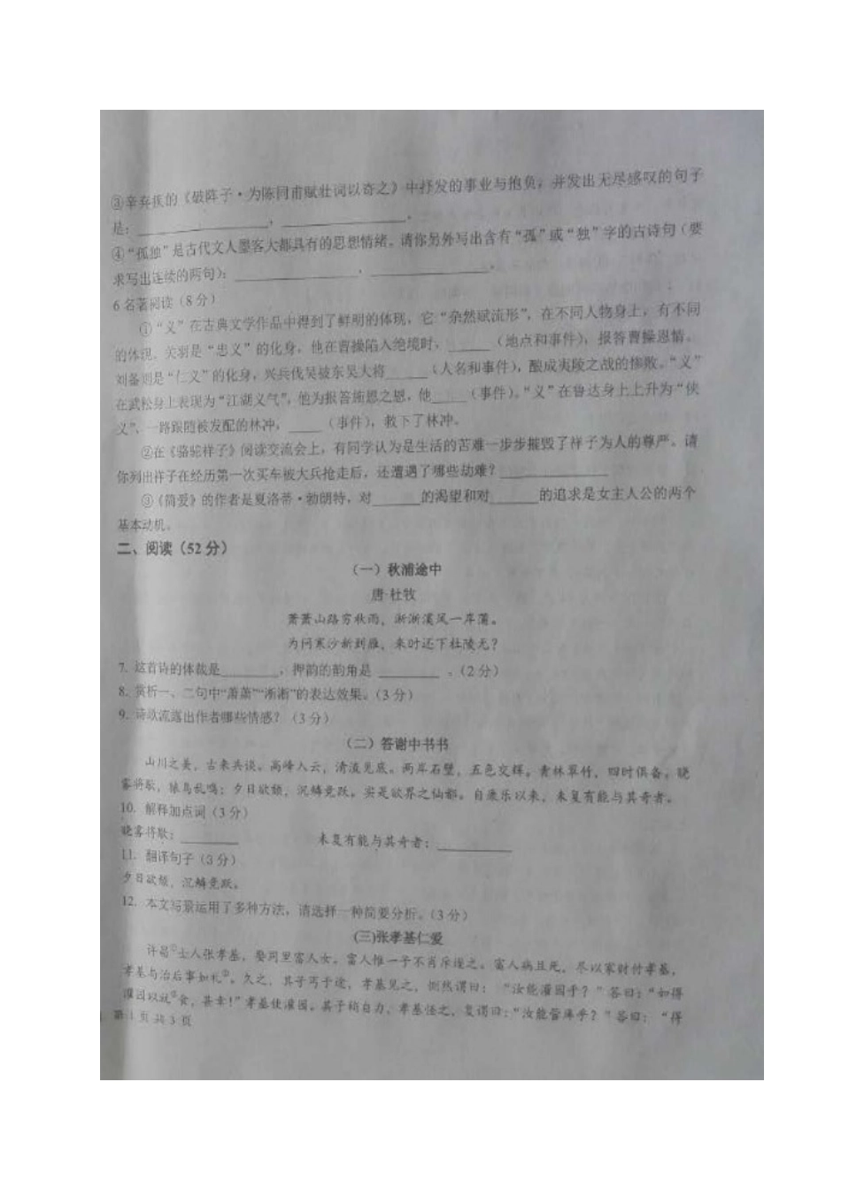 山东省德州市平原县九年级语文下学期第二次练兵试卷试卷_第2页