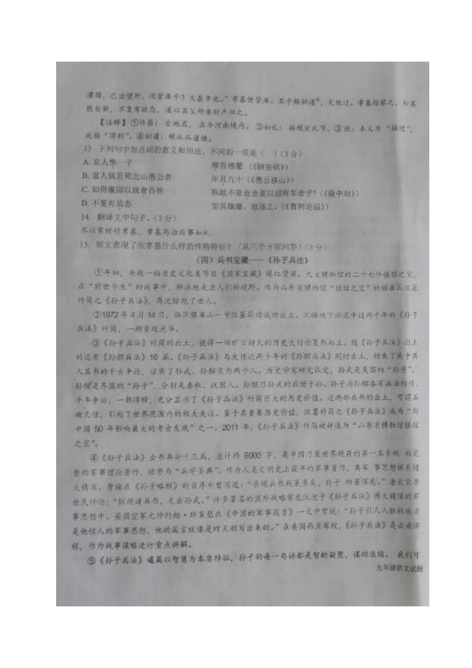 山东省德州市平原县九年级语文下学期第二次练兵试卷试卷_第3页
