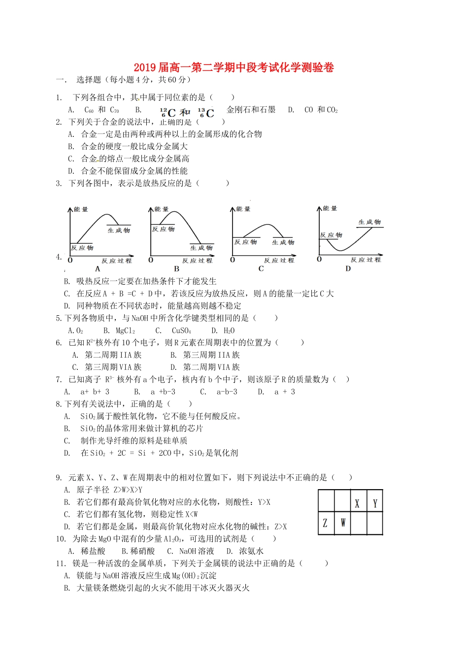 广东省惠州市惠城区高一化学下学期期中试题-人教版高一全册化学试题_第1页