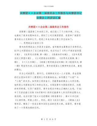 共青团××企业第二届委员会工作报告与共青团书记全委会上的讲话汇编