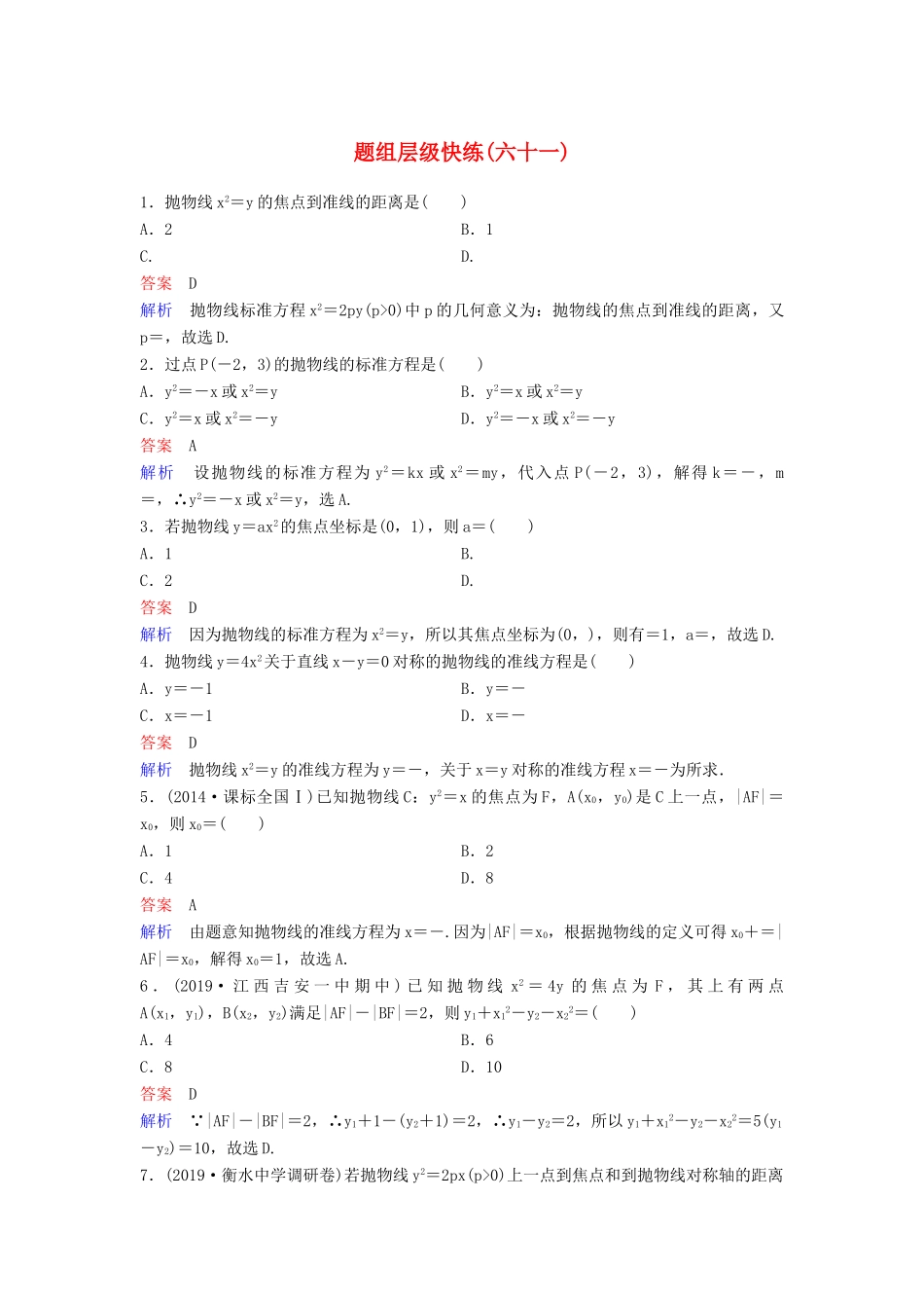 （新课标）高考数学大一轮复习 第九章 解析几何 题组层级快练61 抛物线（一）文（含解析）-人教版高三全册数学试题_第1页