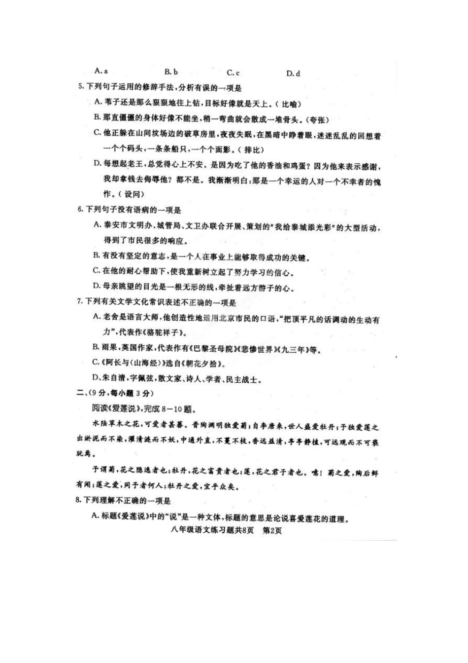 山东省泰安市岱岳区八年级语文上学期期中试卷新人教版_第2页