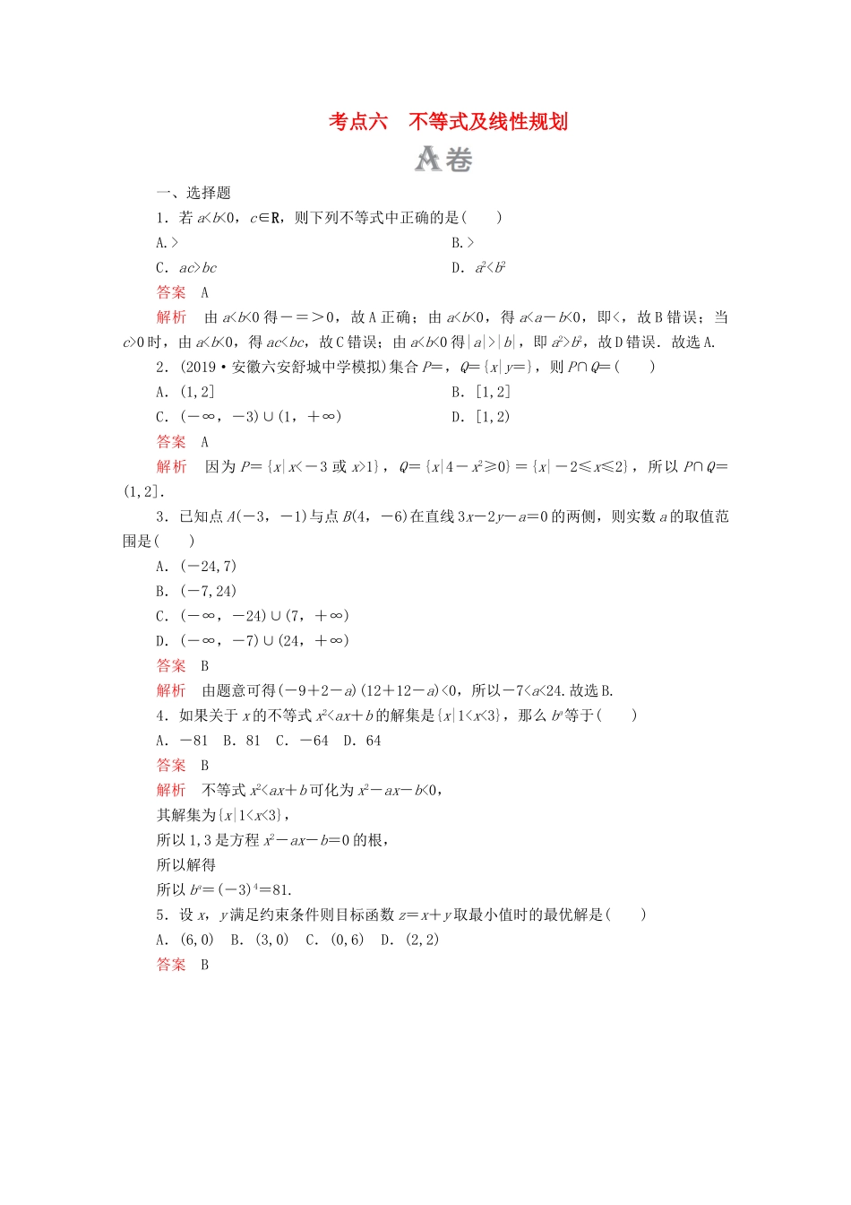 高考数学大二轮复习 刷题首选卷 第一部分 刷考点 考点六 不等式及线性规划 文-人教版高三全册数学试题_第1页