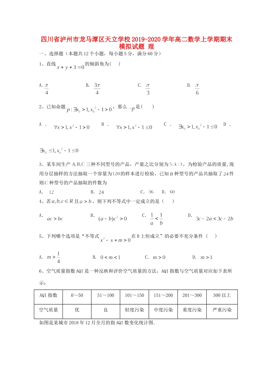 四川省泸州市龙马潭区天立学校高二数学上学期期末模拟试卷 理试卷_第1页