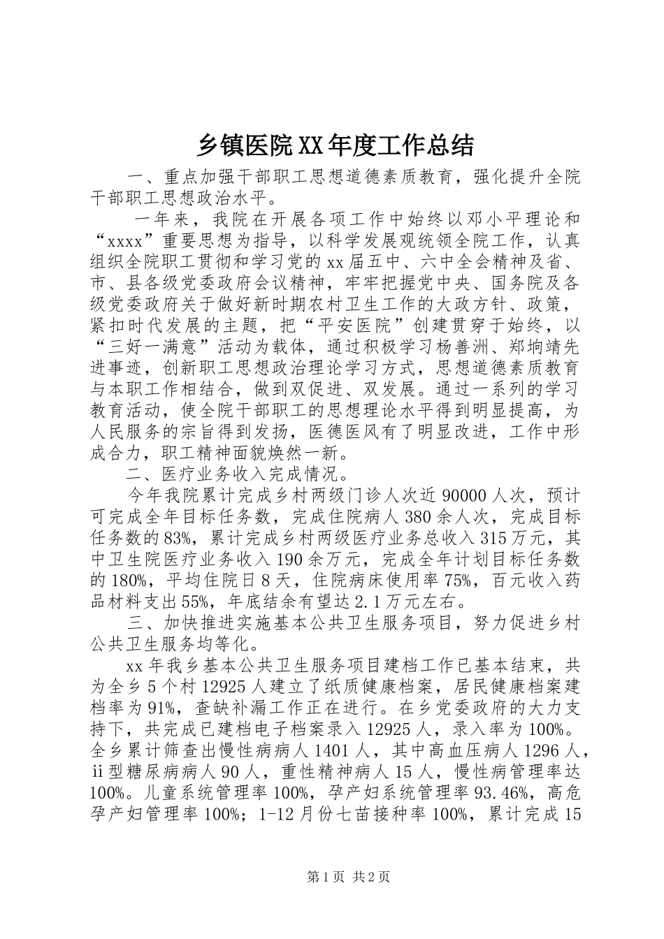 乡镇医院XX年度工作总结 _第1页