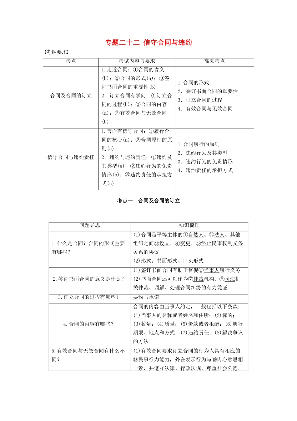 （浙江专用）高考政治二轮复习 专题二十二 信守合同与违约 考点一 合同及合同的订立试题-人教版高三全册政治试题_第1页