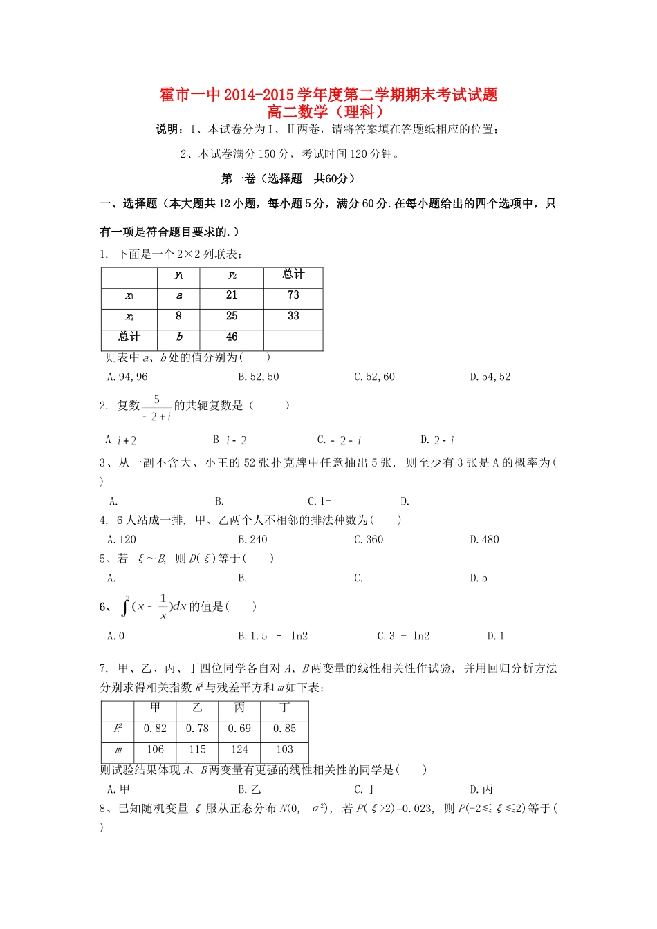内蒙古霍市一中 高二数学下学期期末考试试题 理(无答案) 试题_第1页