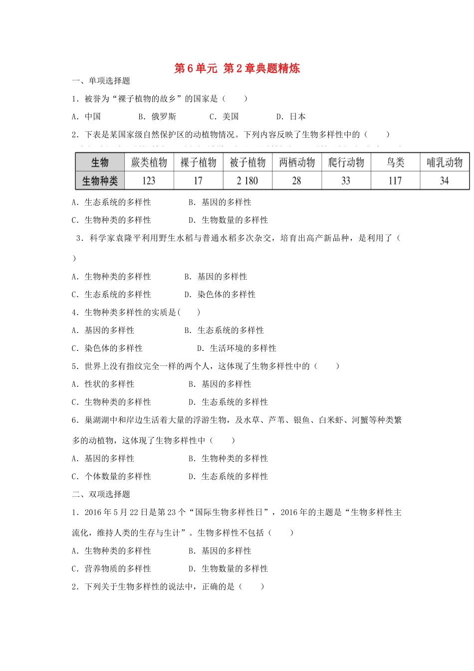 中考生物总复习 第6单元 第2章典题精炼试卷_第1页