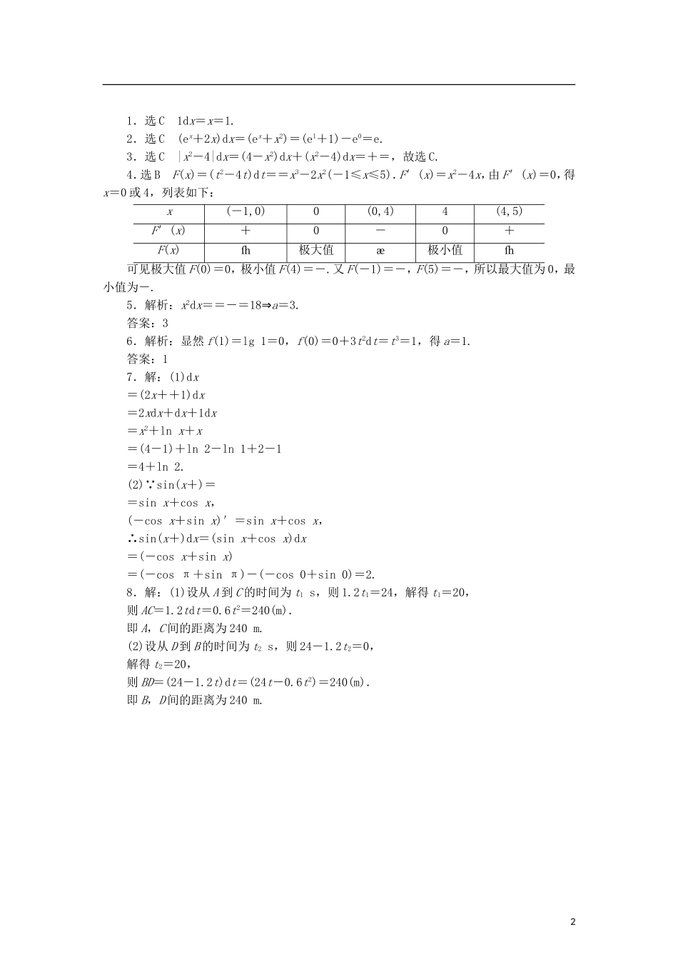 高中数学 课时跟踪训练（十五）微积分基本定理 北师大版选修2-2-北师大版高二选修2-2数学试题_第2页