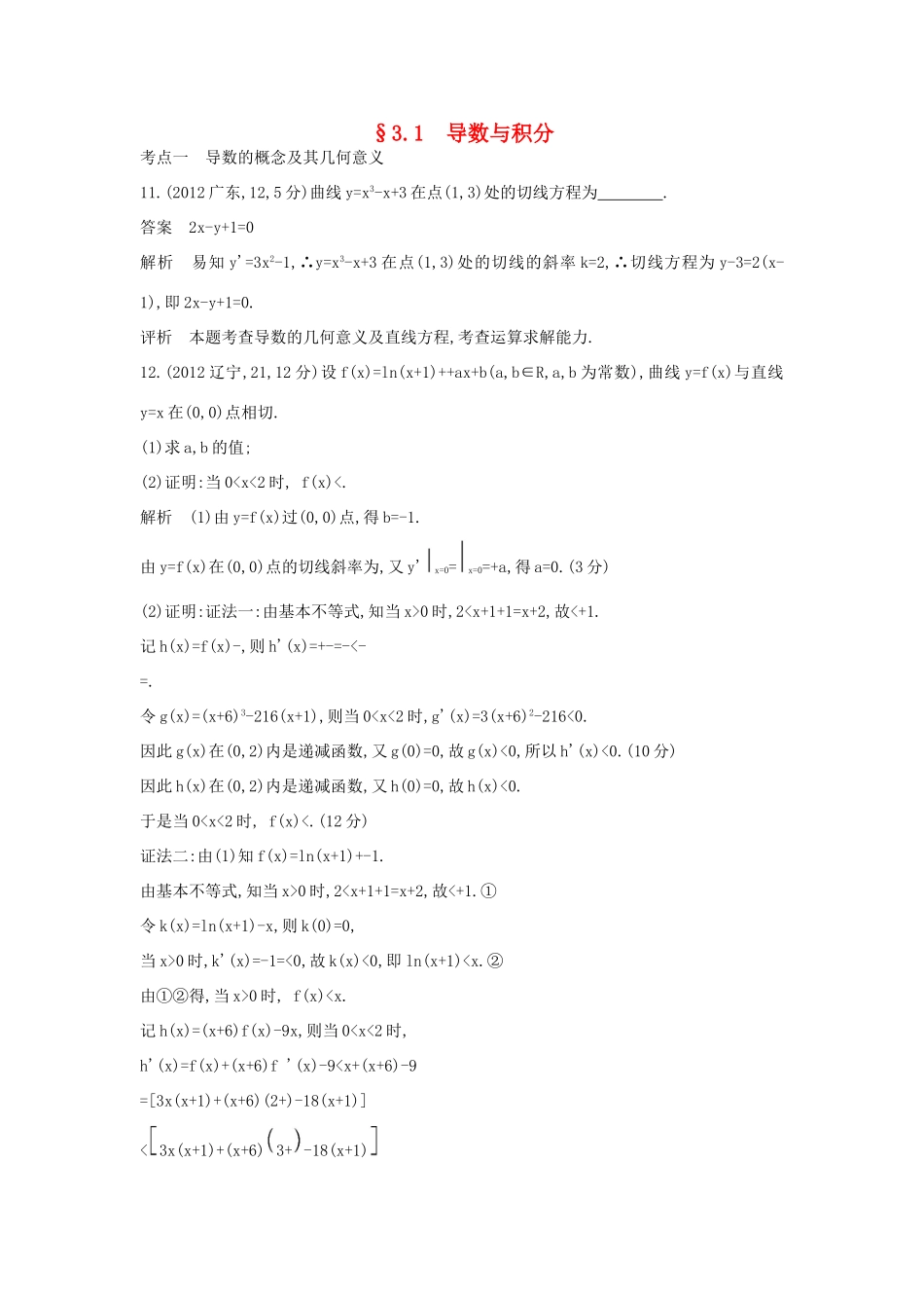 （全国通用）高考数学一轮总复习 第三章 导数及其应用 3.1 导数与积分专用题组 理 新人教B版-新人教B版高三全册数学试题_第1页