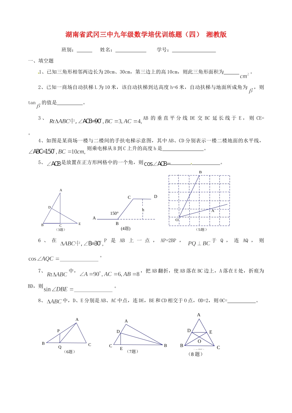 九年级数学培优训练题(四) 湘教版试卷_第1页