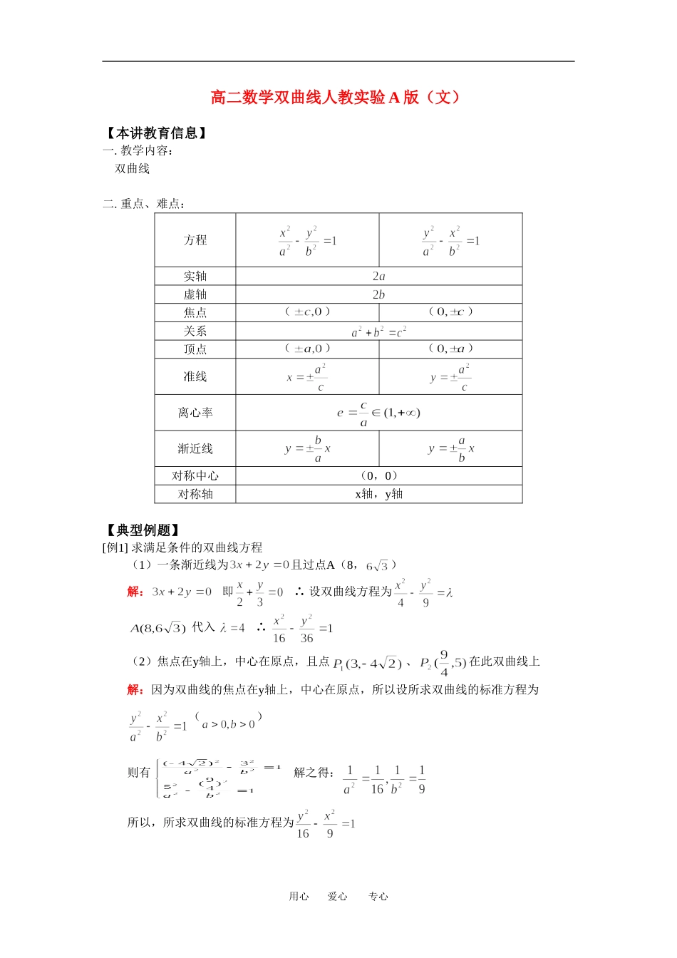 高二数学双曲线（文）人教实验A版(精品)知识精讲_第1页