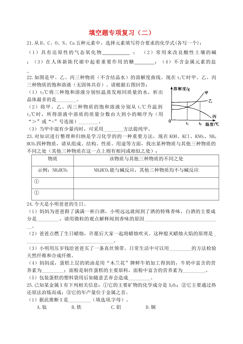九年级化学下册 填空题专项复习(二) 湘教版试卷_第1页