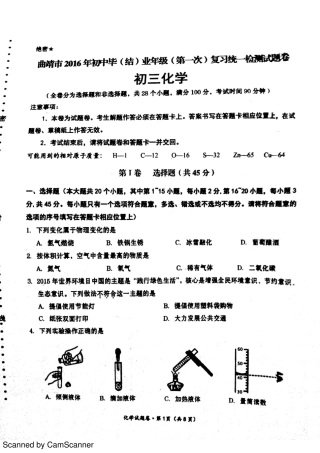 九年级化学上学期第一次模拟考试试卷(pdf，无答案)试卷