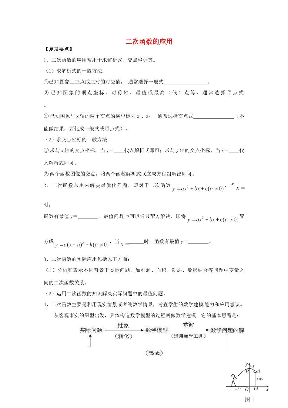 九年级数学下册(二次函数的应用)复习题 新人教版试卷_第1页