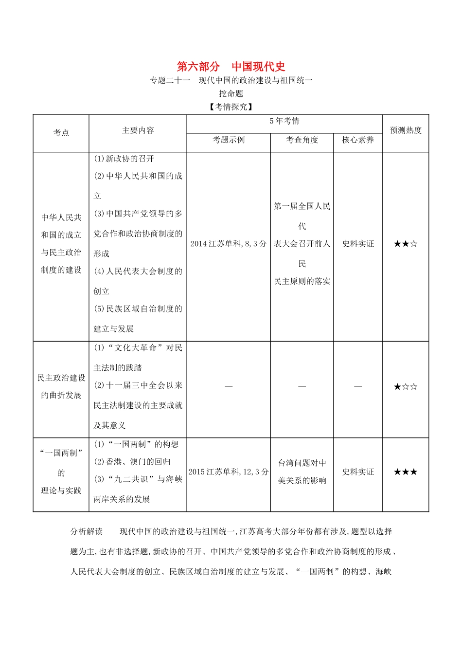 （江苏专版）高考历史一轮总复习 第六部分 中国现代史 专题二十一 现代中国的政治建设与祖国统一讲义-人教版高三全册历史试题_第1页