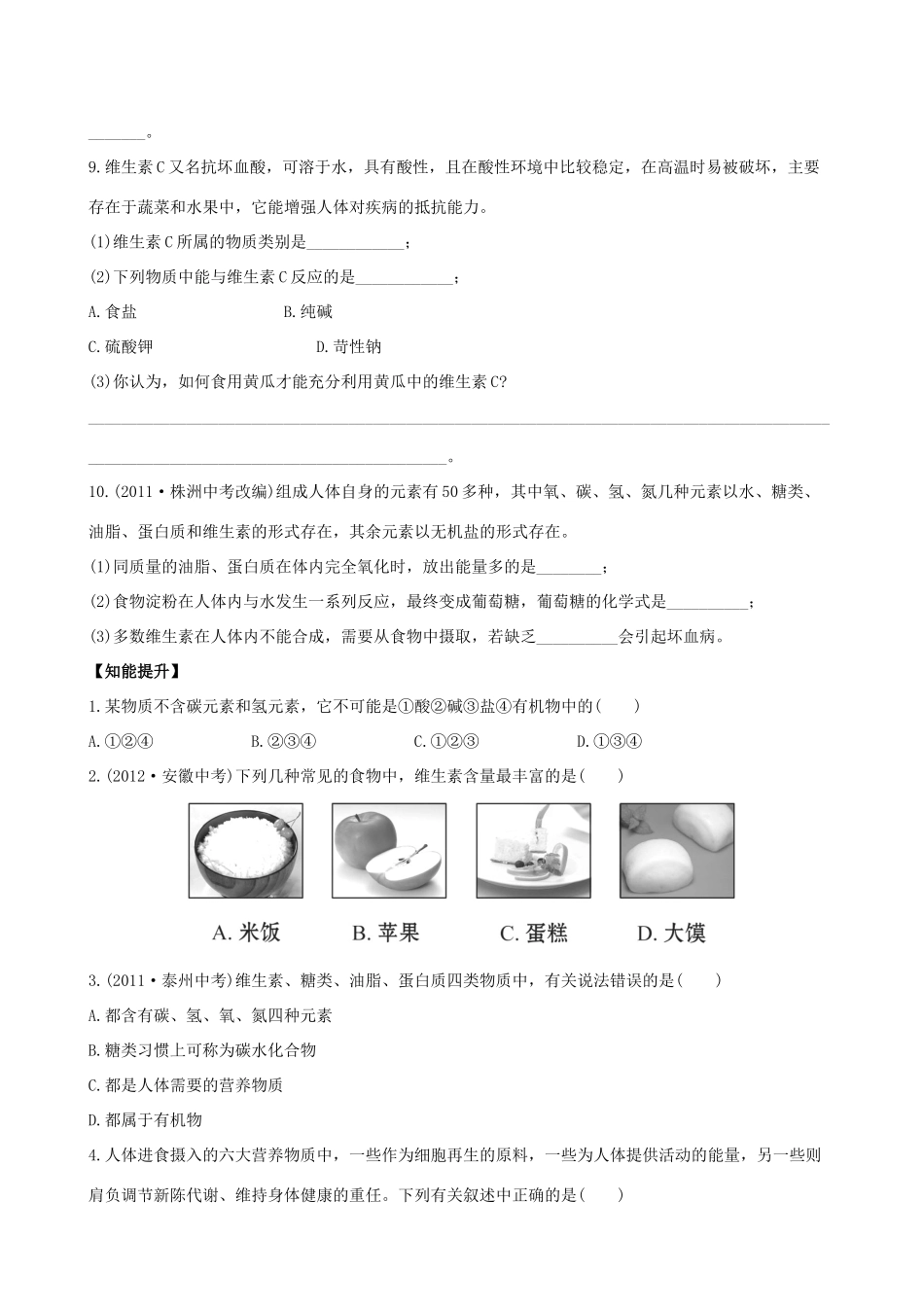 九年级化学下册 101食物中的有机物课后达标训练 (新版)鲁教版试卷_第2页