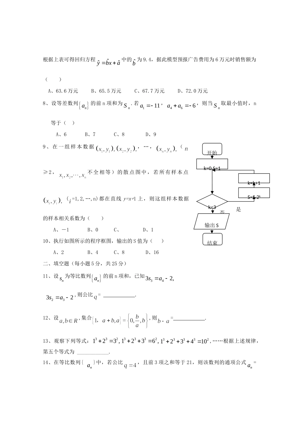 安徽省临泉一中高二数学下学期期中试卷 文新人教A版试卷_第2页