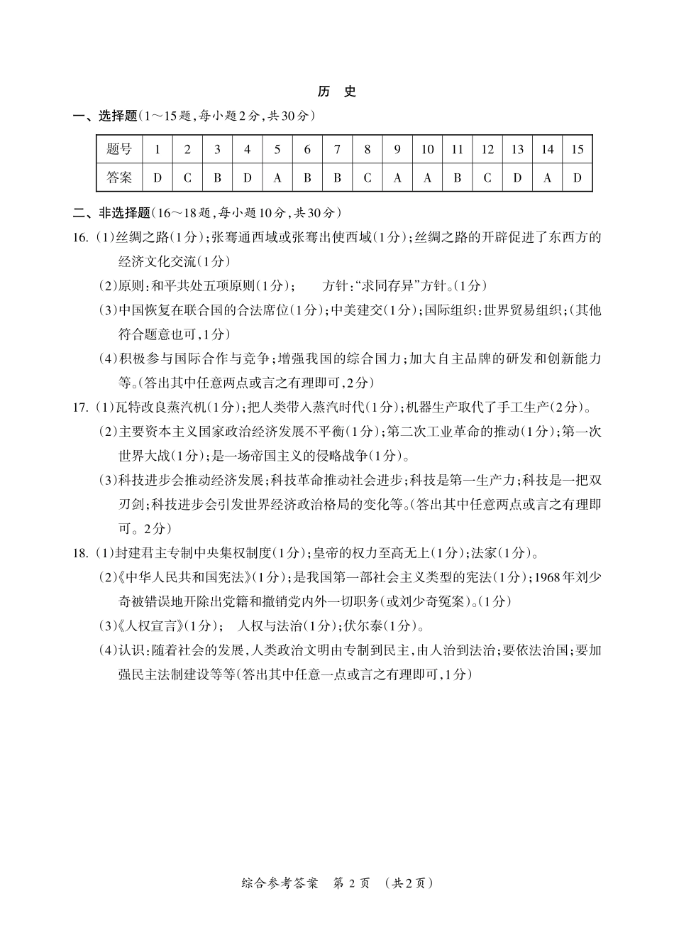 九年级政治历史下学期第一次适应性训练(中考模拟)试卷答案(pdf) 032937_第2页
