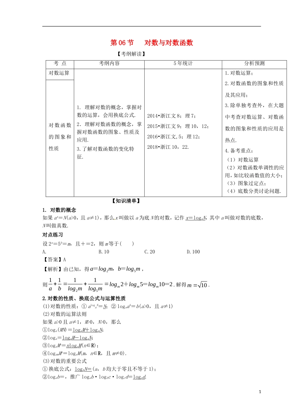 （浙江专版）高考数学一轮复习 专题2.6 对数与对数函数（讲）-人教版高三全册数学试题_第1页