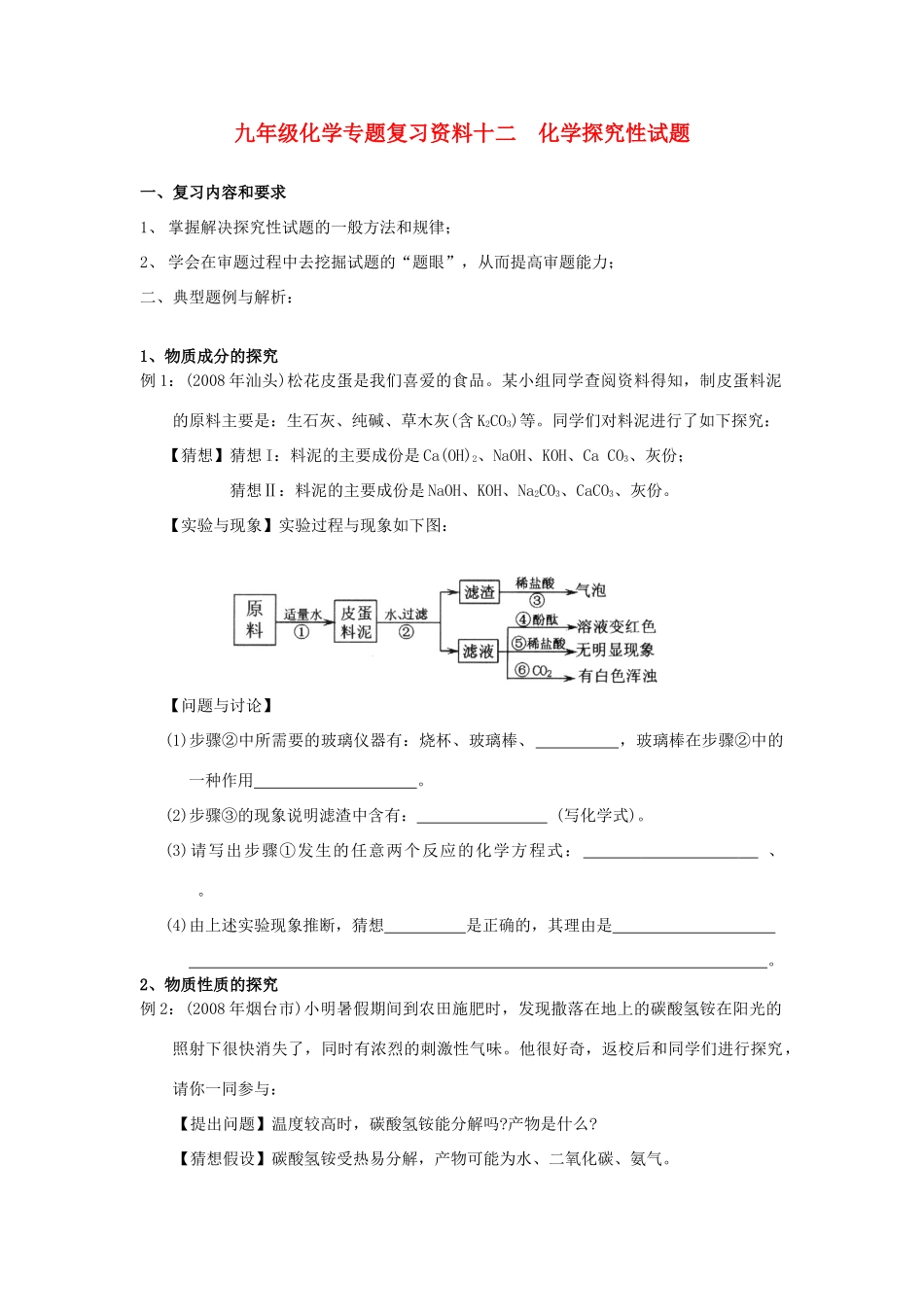 九年级化学专题复习资料十二  化学探究性试卷_第1页