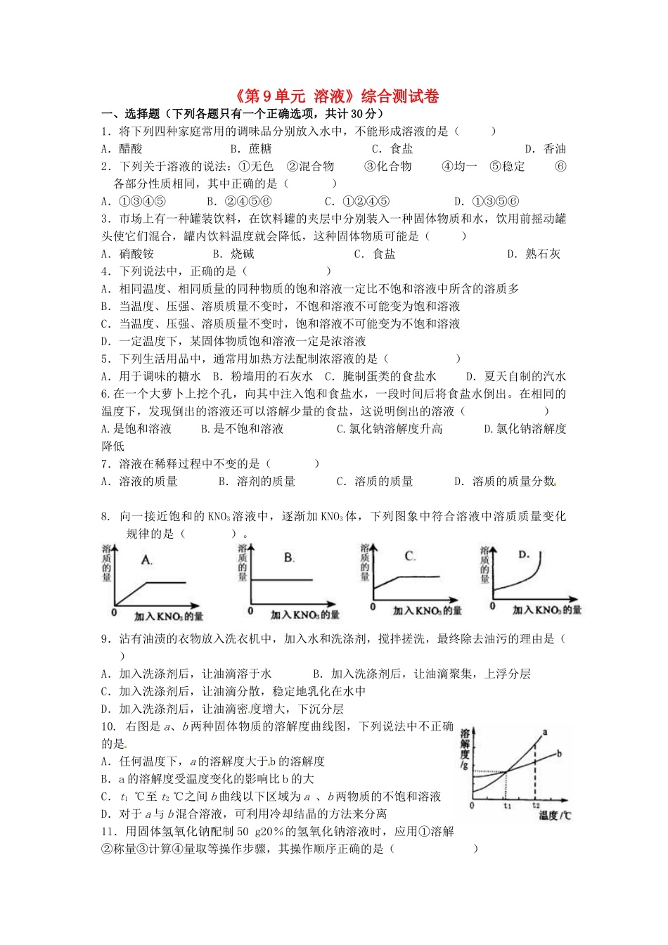 九年级化学下册(第9单元 溶液)综合测试卷 新人教版试卷_第1页