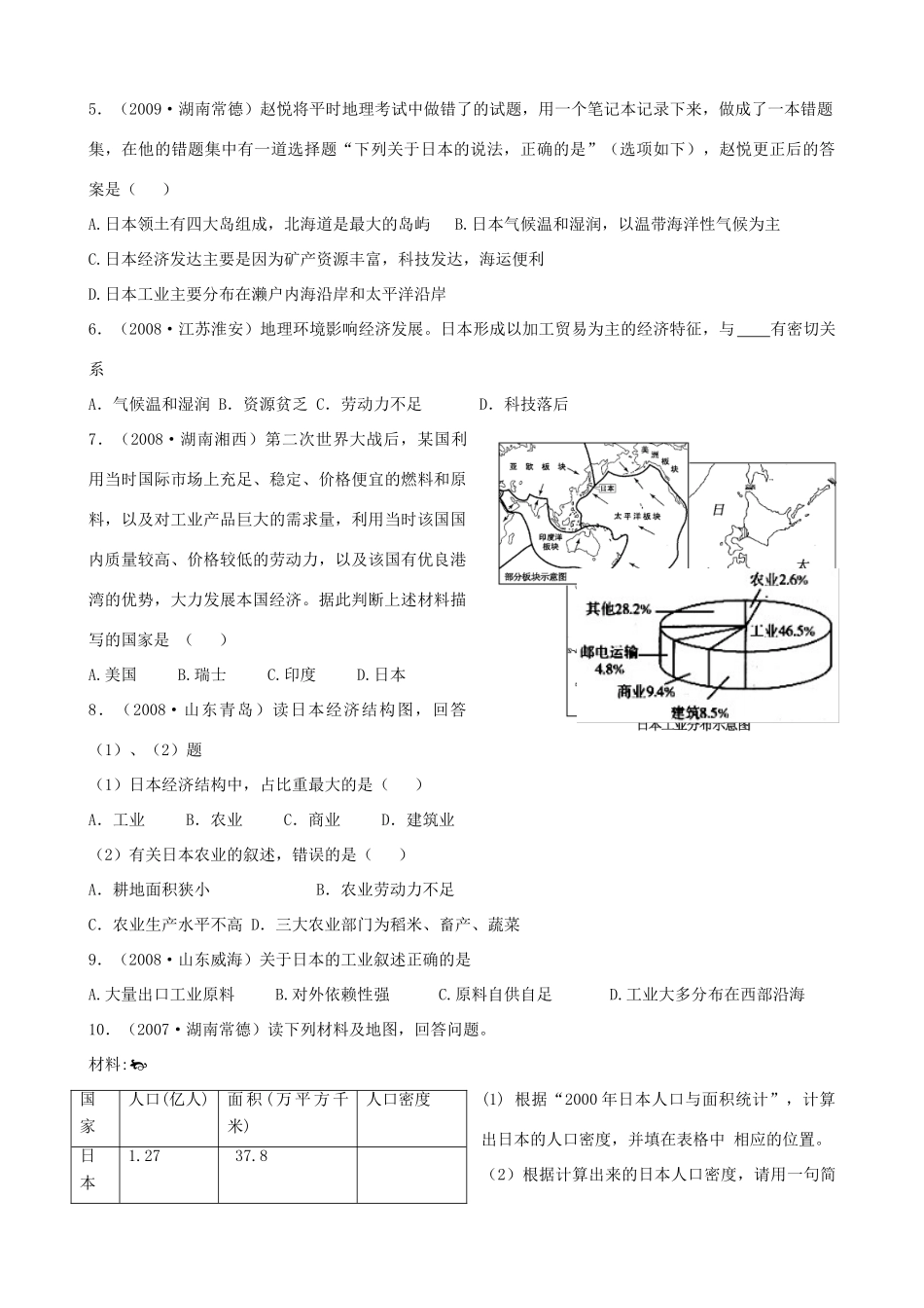 四川泸州外国语级八年级地理下学期结业考试资料 专题三 世界区域地理—日本 (1)试卷_第2页