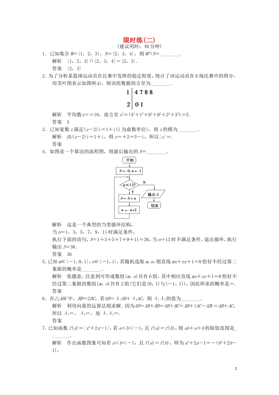 （江苏专用）高考数学二轮专题复习 填空题限时练二 理-人教版高三全册数学试题_第1页