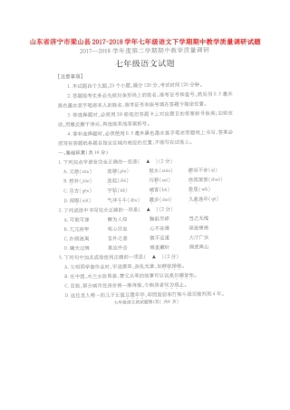 山东省济宁市梁山县七年级语文下学期期中教学质量调研试卷(扫描版，无答案) 新人教版试卷