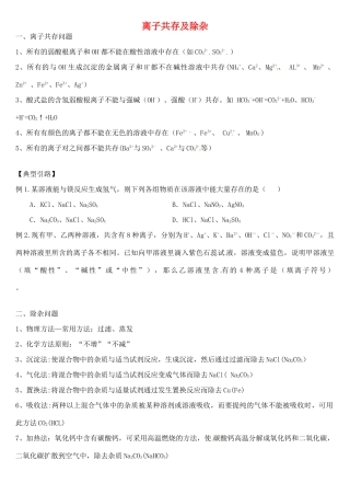 初中中考化学专题复习 离子共存及除杂测试(无答案) 试题