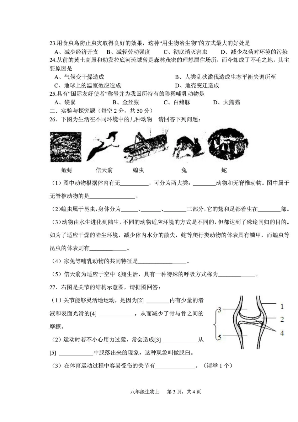 四川三台乐安学区八年级生物上学期独立作业考试卷(一)(pdf) 新人教版试卷_第3页