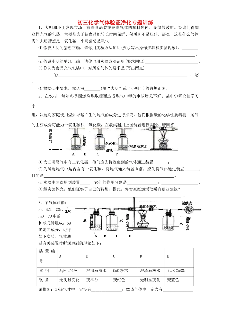 初三化学气体验证净化专题训练 新人教版 试题_第1页