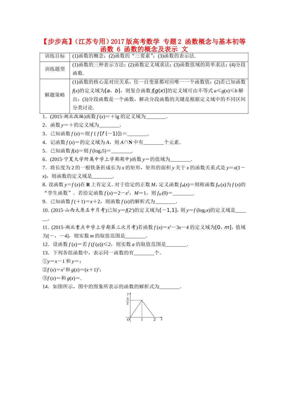 （江苏专用）高考数学 专题2 函数概念与基本初等函数 6 函数的概念及表示 文-人教版高三全册数学试题_第1页